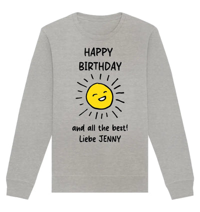 Light graues sweatshirt mit gelber sonne und Text happy birthday und all best liebe jenny aus der spotify-motiv 2 kollektion