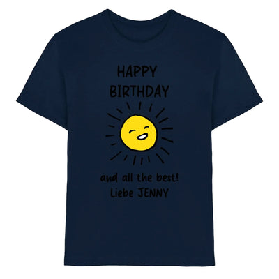 Marine blaue baumwoll t shirt mit fröhlicher gelber sonne und Text happy birthday und all best liebe jenny aus der spotify motiv 2 statement collection
