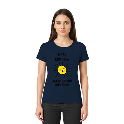 Navyblaue kurzarm tshirt mit gelber sonnengrafik und schwarzem happy birthday text aus der spotify motiv 2 statement collection