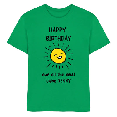 Leuchtendes grünes kurzarmshirt mit fröhlicher sonne und Text happy birthday und all best liebe jenny von spotify motiv 2 statement collection