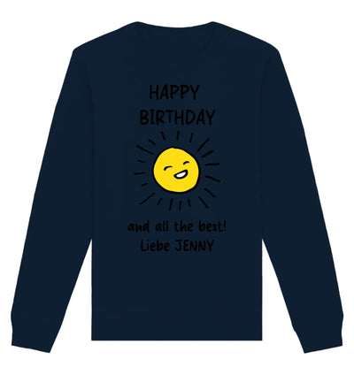 Navyblaues langarmshirt mit fröhlicher sonne und text happy birthday und liebe jenny von der spotify motiv 2 kollektion