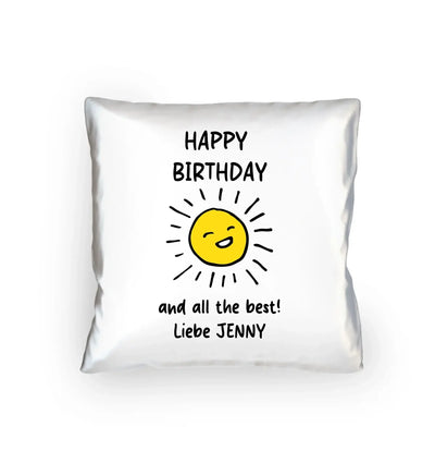 Weißer quadratischer spotify-motiv 2 kissen mit sonnigem gelb und spruch happy birthday liebe jenny aus der statement-collection