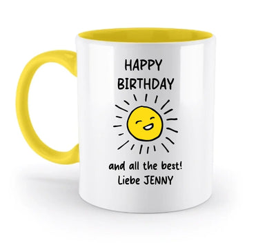 Weiß keramiktasse mit gelbem griff und innenfarbe mit fröhlicher sonnendesign und happy birthday schrift aus der spotify-motiv 2 kollektion