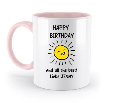 Weiße keramiktasse mit pinkem griff und innenbereich mit fröhlicher gelber sonne und happy birthday text aus der spotify-motiv 2 sammlung