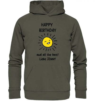 Olivegrüner kinder hoodie mit fröhlicher gelber sonne und schwarzem happy birthday text aus der spotify motiv 2 kollektion