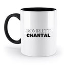 Weiße keramiktasse mit schwarzem griff und innenbereich mit dem text komplett chantal aus der statement collection personalisierte sprüche mit namen
