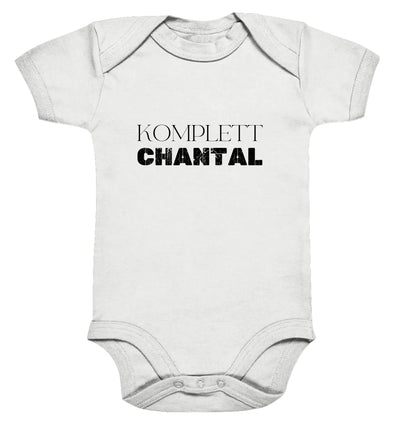 Weißer babystrampler mit schwarz gedrucktem komplett chantal print aus der personalisierten statement-collection