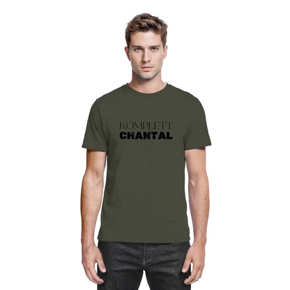 Olivegrünes kurzarmshirt mit schwarzem komplett chantal text aus der statement collection zum personalisieren