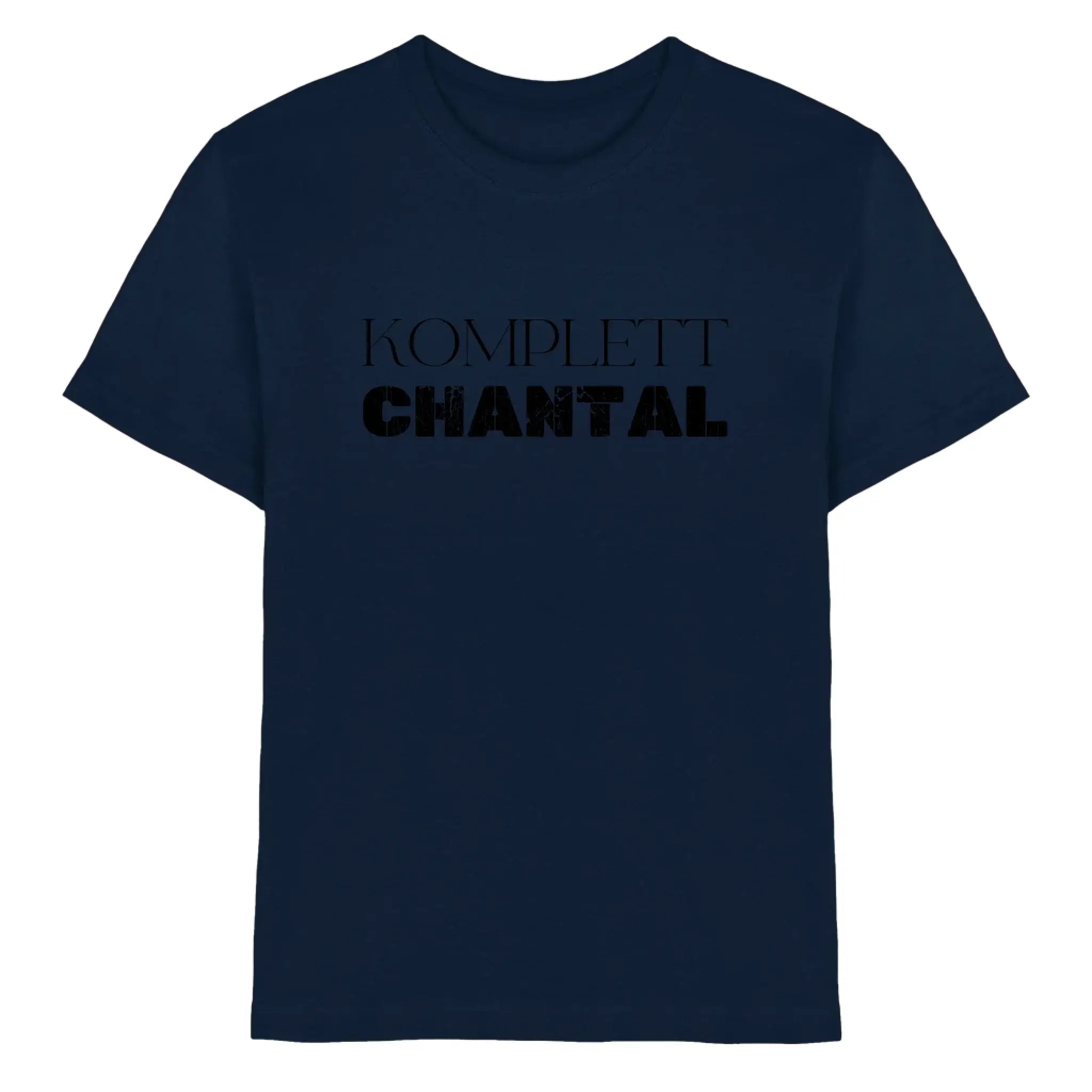 Dunkel marineblaue baumwoll t shirt mit fettem schwarzem schriftzug komplett chantal aus der statement collection