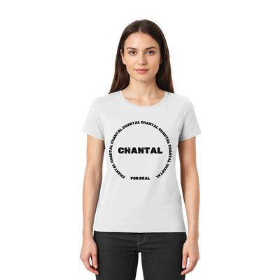 Weißes baumwollshirt mit schwarzem kreisgrafik und dem namen chantal aus der statementsammlung sprüche mit namen