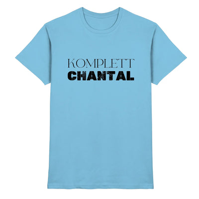 Hellblaues baumwoll t shirt mit komplett chantal print in schwarzer distressed schrift aus der statement collection