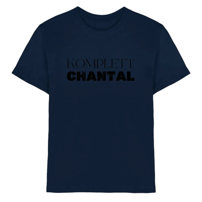 Dunkelnavy blaues kurzarmshirt mit komplett chantal in fetten schwarzen buchstaben aus der statement-collection personalisiert