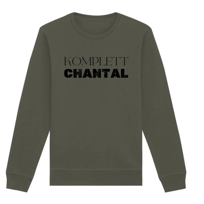 Olivegrüner langarm sweatshirt mit schwarzem komplett chantal schriftzug aus der personalisierten statement collection