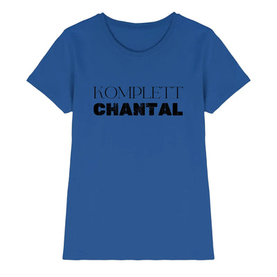 Blaues damen t shirt mit schwarzem komplett chantal print aus der sprüche mit namen 2 statement collection
