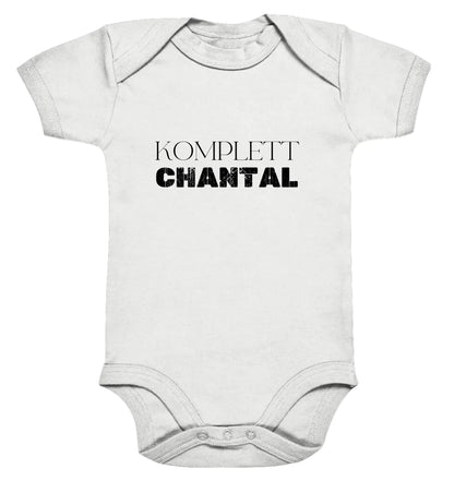 Weißer kurzarm baby strampler aus baumwolle mit komplett chantal aufdruck in schwarz aus der statement-collection