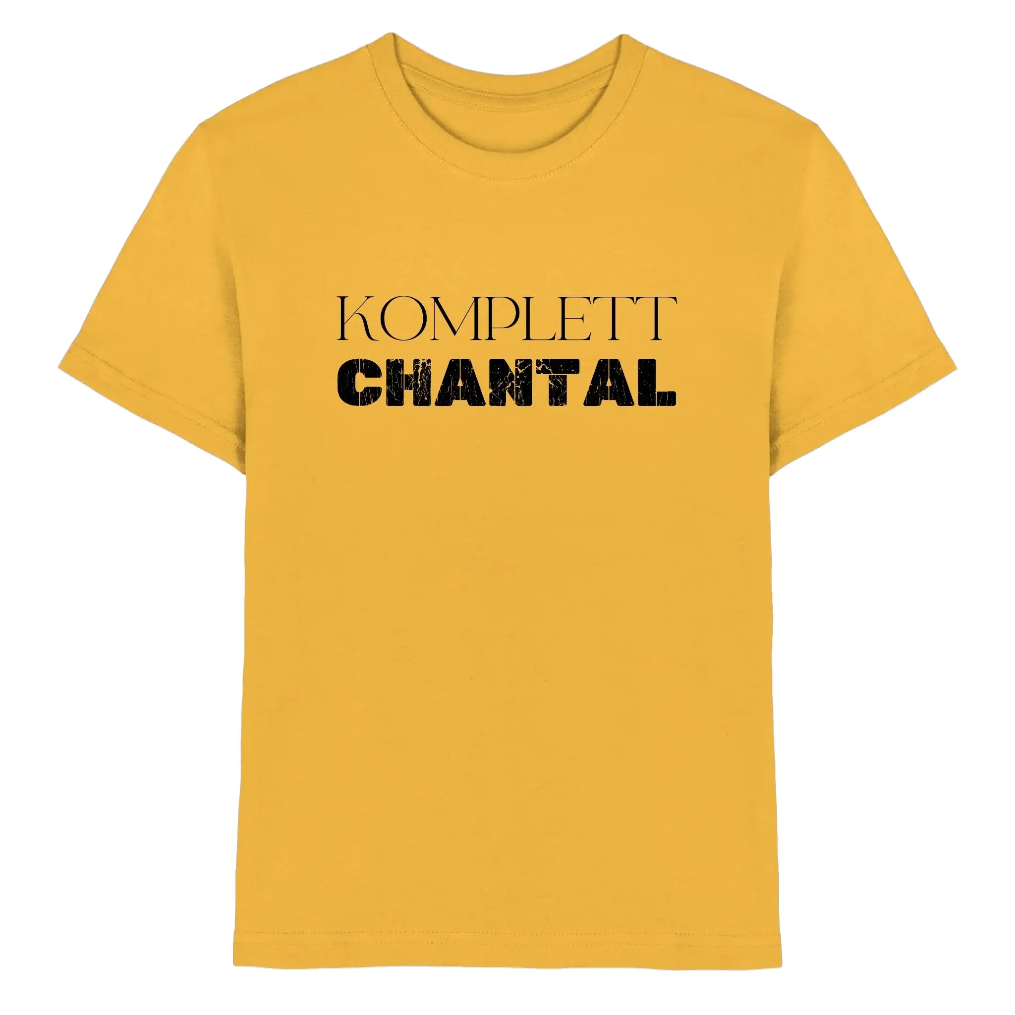 Ein senfgelbes kurzarmshirt mit schwarzem print komplett chantal aus der statement-collection mit wunschtext