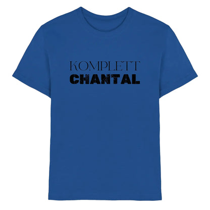 Royalblaues baumwoll t shirt mit fettem schwarzen text komplett chantal aus der statement collection mit wunschtext