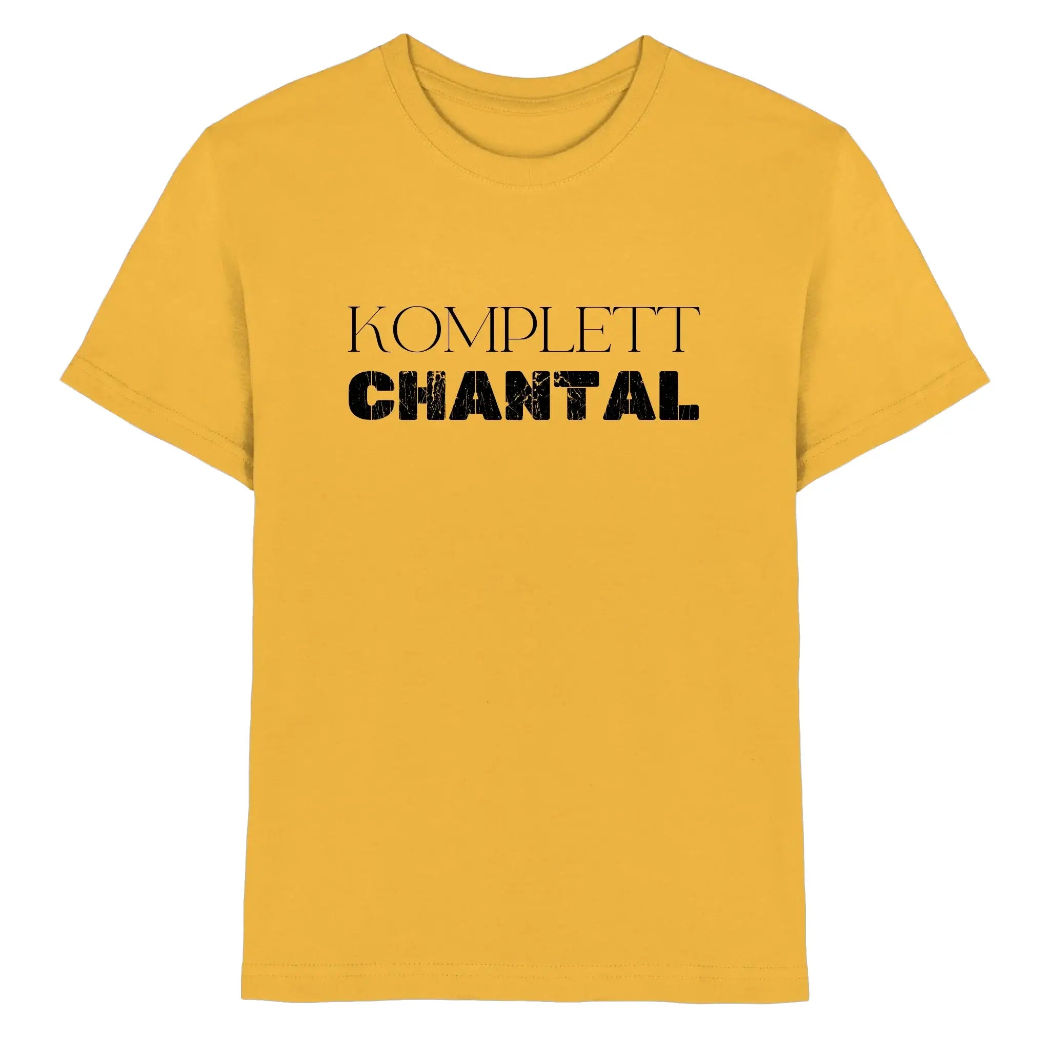 Mustardgelbes kurzarmshirt mit komplett in dünner schwarzer schrift über chantal in fetter distressed schrift aus der statement-collection