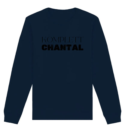 Dunkel marineblaues langärmeliges sweatshirt mit komplett chantal print auf der rückseite aus der sprüche mit namen 2 kollektion