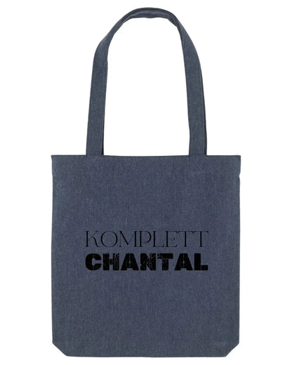 Dunkelblaue denim tote bag mit schwarzem komplett chantal text aus der sprüche mit namen 2 statement collection