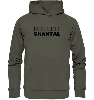 Olivegrüner hoodie mit kapuze und schwarzem komplett chantal text aus der personalisierten statement sammlung