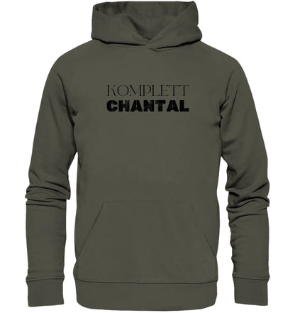 Olivegrüner hoodie mit kapuze und schwarzem komplett chantal text aus der personalisierten statement sammlung