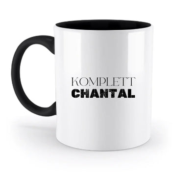 Weiße keramikmug mit schwarzem griff und innenraum, personalisiert mit dem text komplett chantal aus der statement collection