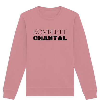 Ein weiches rosa langarm sweatshirt mit komplet chantal in fetten schwarzen buchstaben aus der statement collection