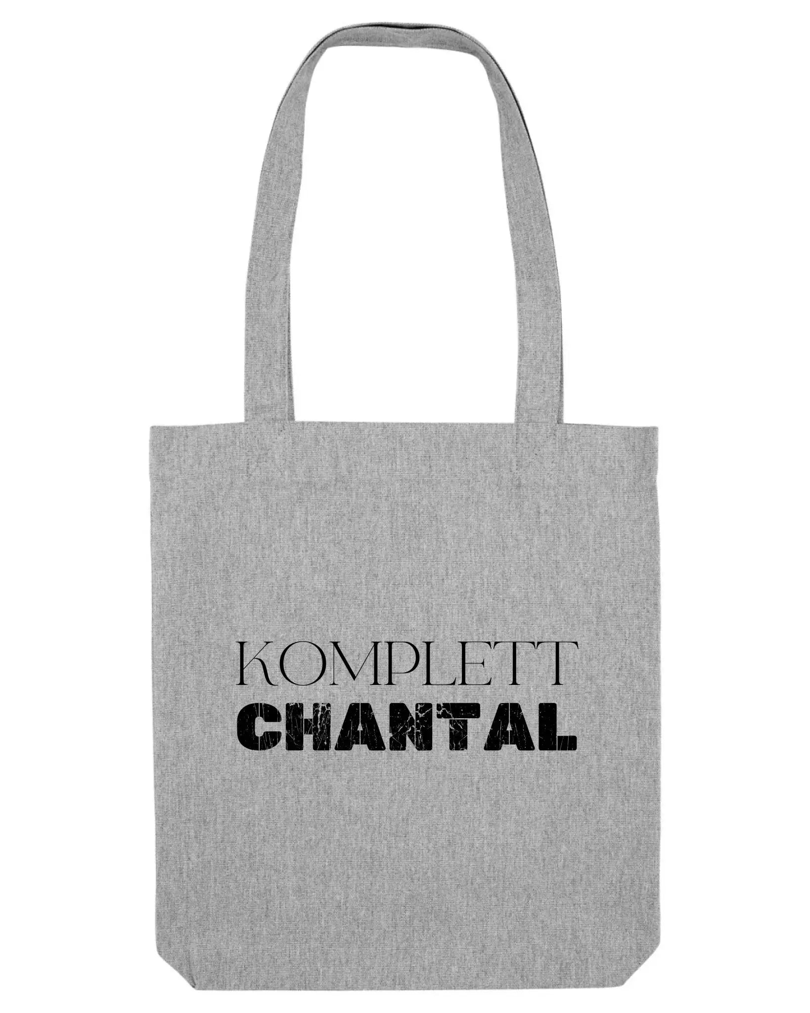 Grauer heather canvas tote bag mit schwarzem text komplett chantal aus sprüche mit namen 3 personalisierte statement-collection