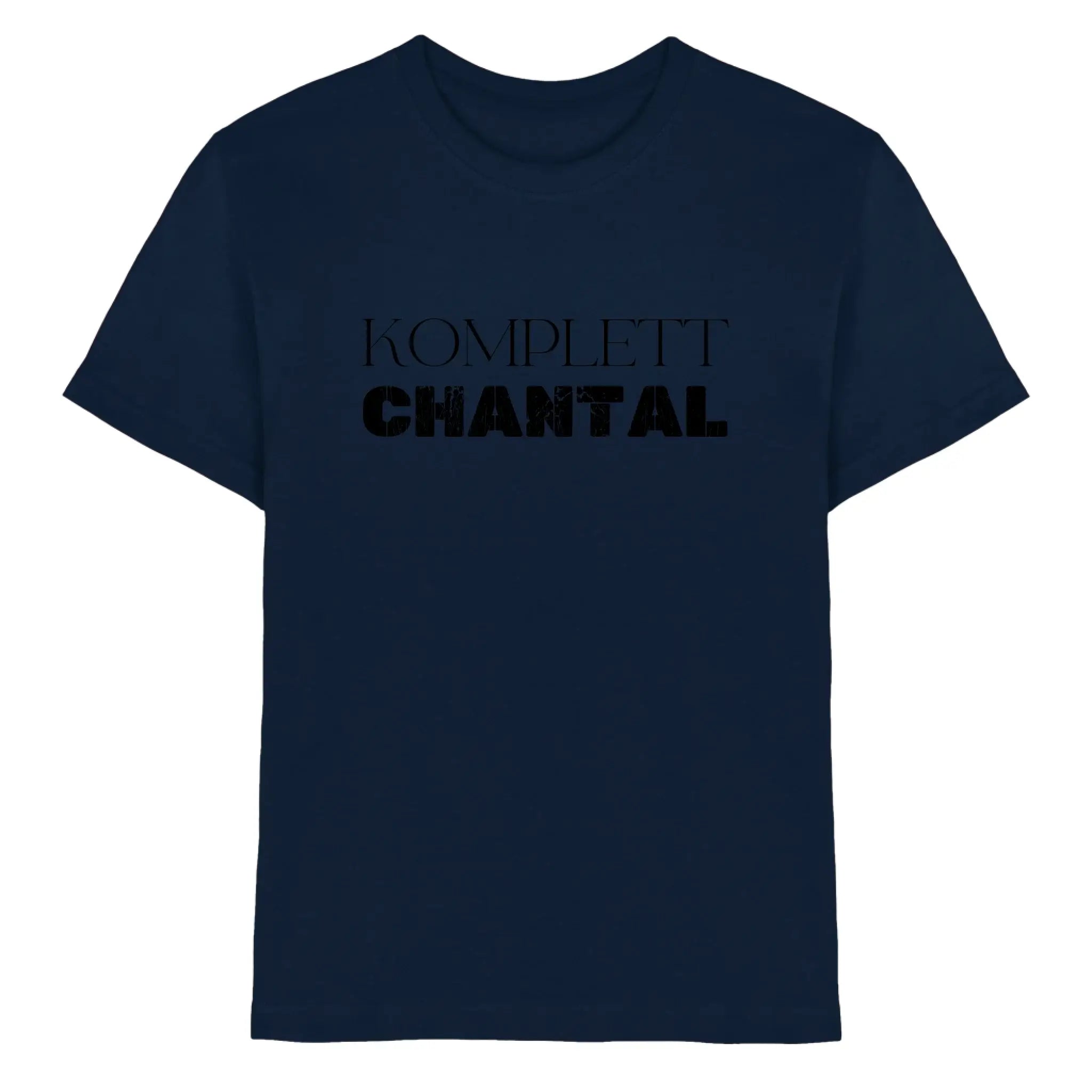 Navyblaues baumwoll t shirt mit schwarzem komplett chantal text aus der statement collection mit personalisiertem wunschtext