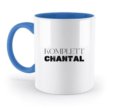 Weißer keramikbecher mit blauem griff und innenrand mit text komplett chantal aus der sprüche mit namen statement collection