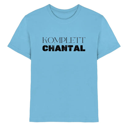 Light blue cotton t-shirt with black komplett and chantal text from sprüche mit namen 3 statement collection