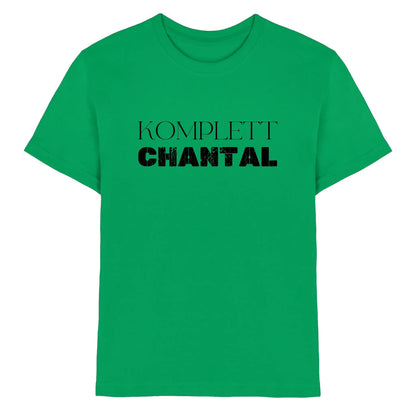 Leuchtendes grünes baumwoll t-shirt mit fettem schwarzen text komplett chantal aus der statement collection zum personalisieren