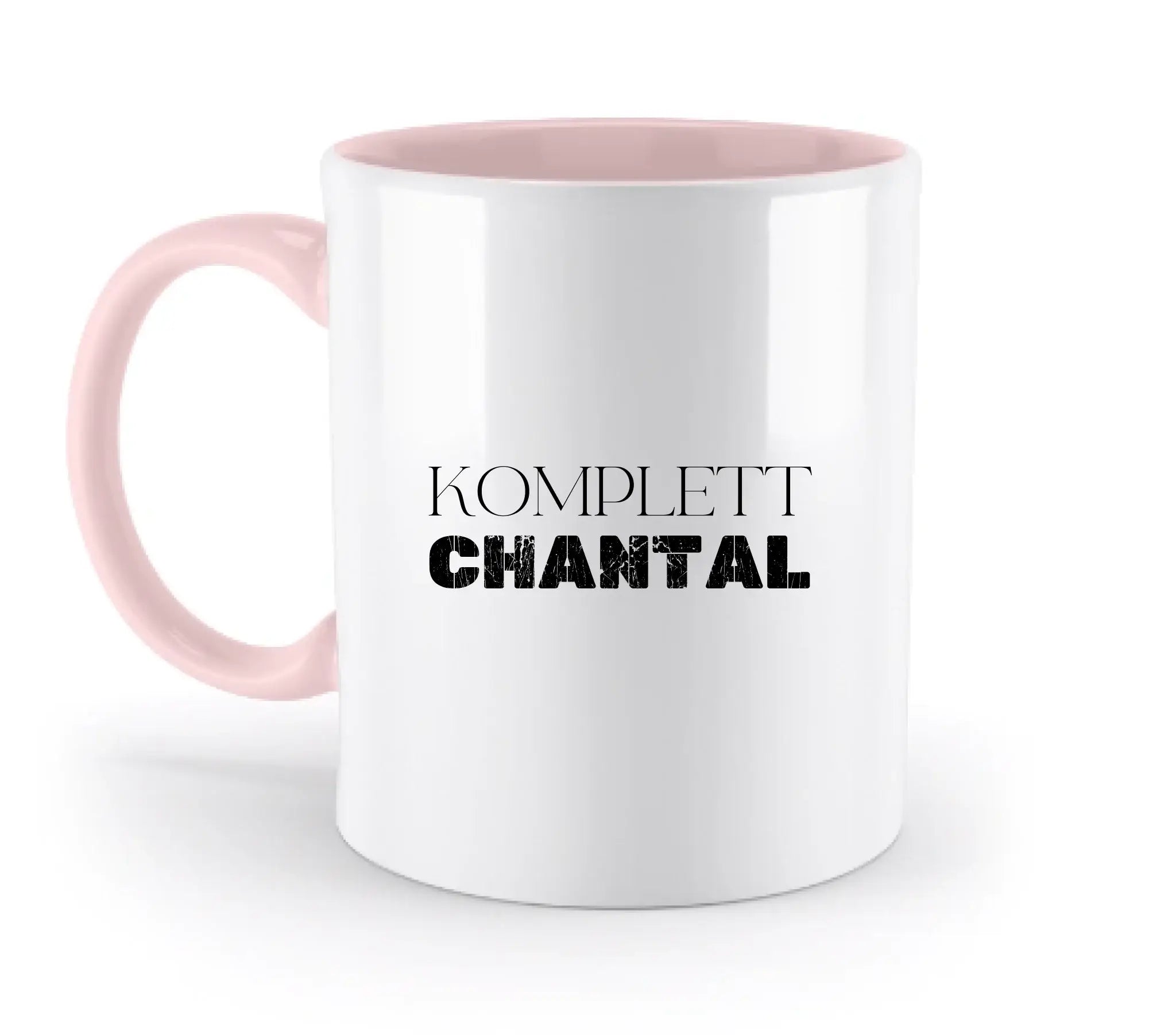 Weiße keramiktasse mit pinkem inneren und griff mit schwarzem spruch komplett chantal aus der statement collection