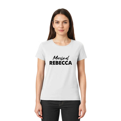 Weiße baumwoll t-shirt mit maximal rebecca in schwarzer schrift aus der sprüche mit namen 3 statement collection