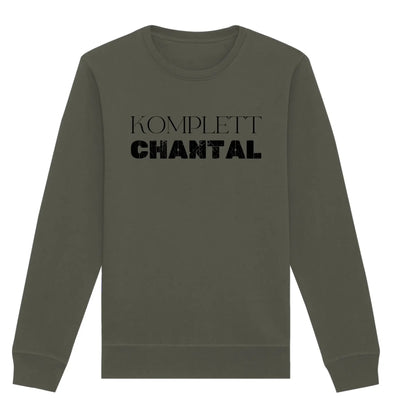 Olivegrünes langarm sweatshirt mit schwarzem komplett chantal schriftzug aus der personalisierten statement collection