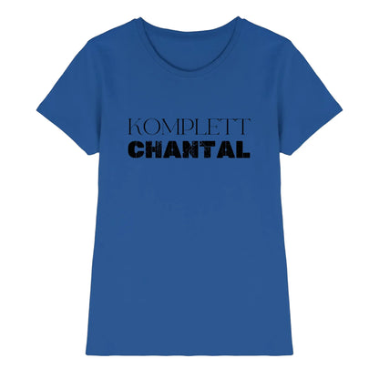 Blaues damen t shirt mit schwarzem komplett chantal schriftzug aus der statement collection mit personalisiertem textmotiv