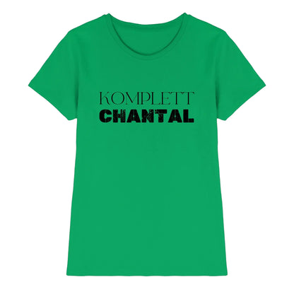 Leuchtendes grünes damen t shirt mit komplet chantal in fetter schwarzer schrift aus der statement collection personalisiert