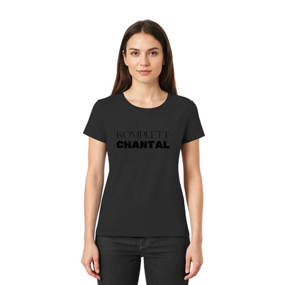 Schwarzes kurzarmshirt aus baumwolle mit komplett chantal in fetten schwarzen buchstaben aus der statement-collection
