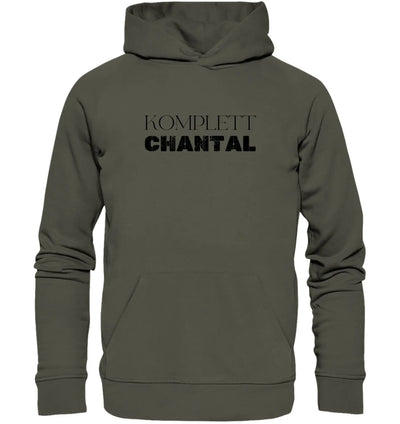 Olivegrüner kapuzenpullover mit schwarzem komplett chantal schriftzug aus der statement collection personalisiert