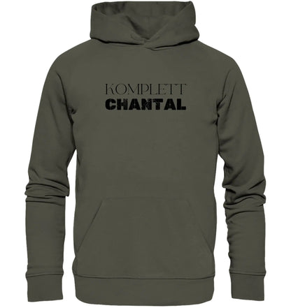 Olivegrüner kapuzenpullover mit schwarzem komplett chantal schriftzug aus der statement collection personalisiert