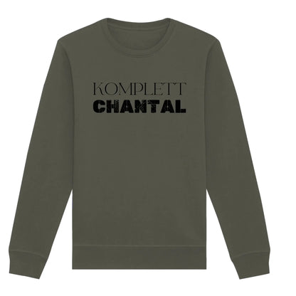 Olivegrüner langärmliger sweatshirt mit schwarzem komplett chantal schriftzug aus der statement collection
