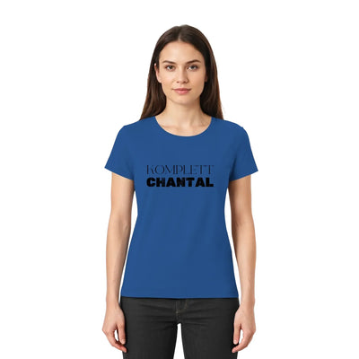 Blaues kurzarmshirt mit schwarzem text komplett chantal aus der statement-collection mit personalisiertem wunschtext