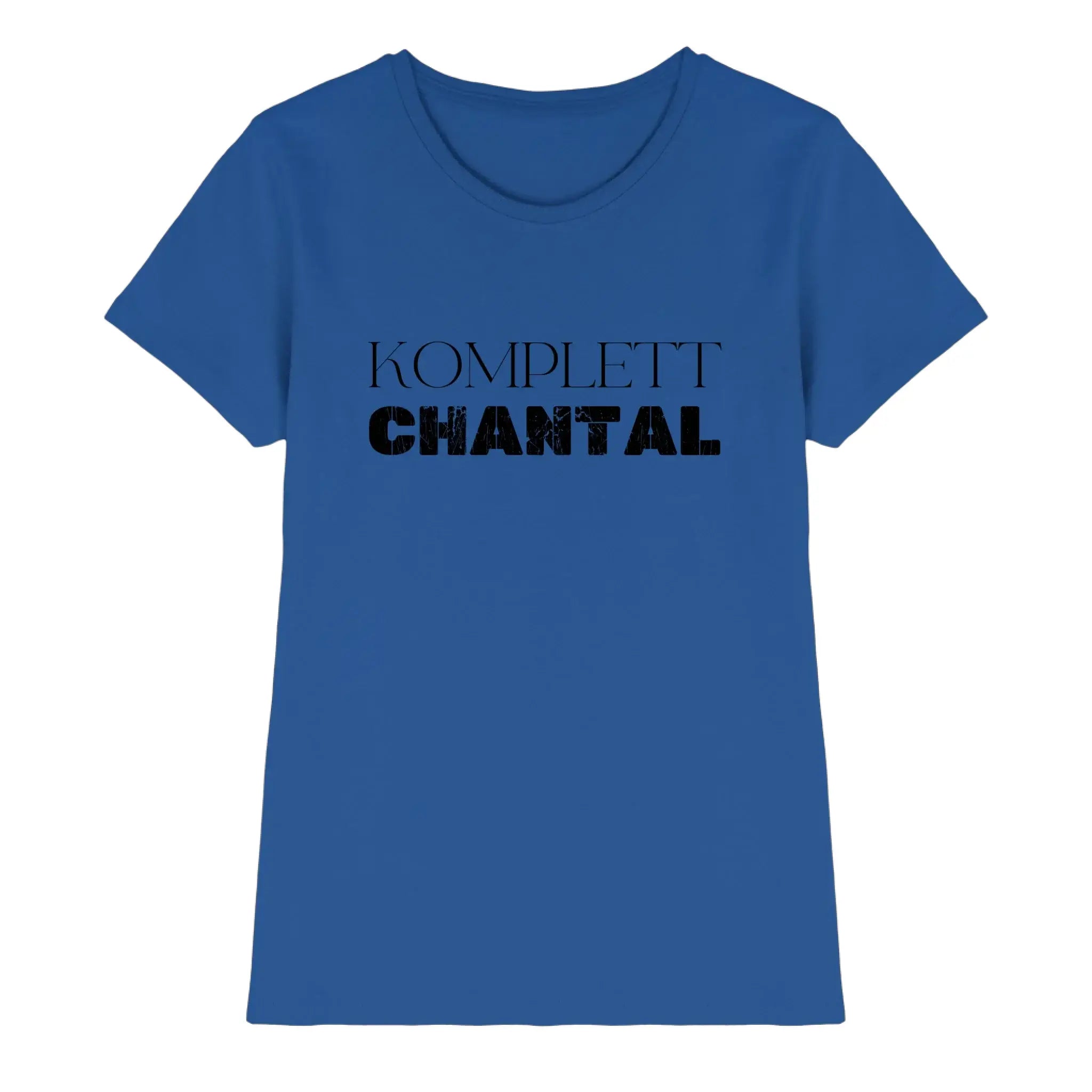 Blaues damen t shirt mit schwarz bedrucktem komplett chantal text aus der personalisierten statement collection