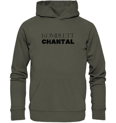 Olivgrüner kapuzenpullover mit schwarzem komplett chantal text vorne personalisierte statement collection