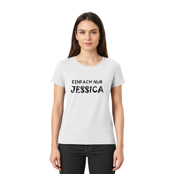 Weißes kurzarmshirt aus baumwolle mit schwarzem text einfach nur jessica personalisiertes statement-shirt