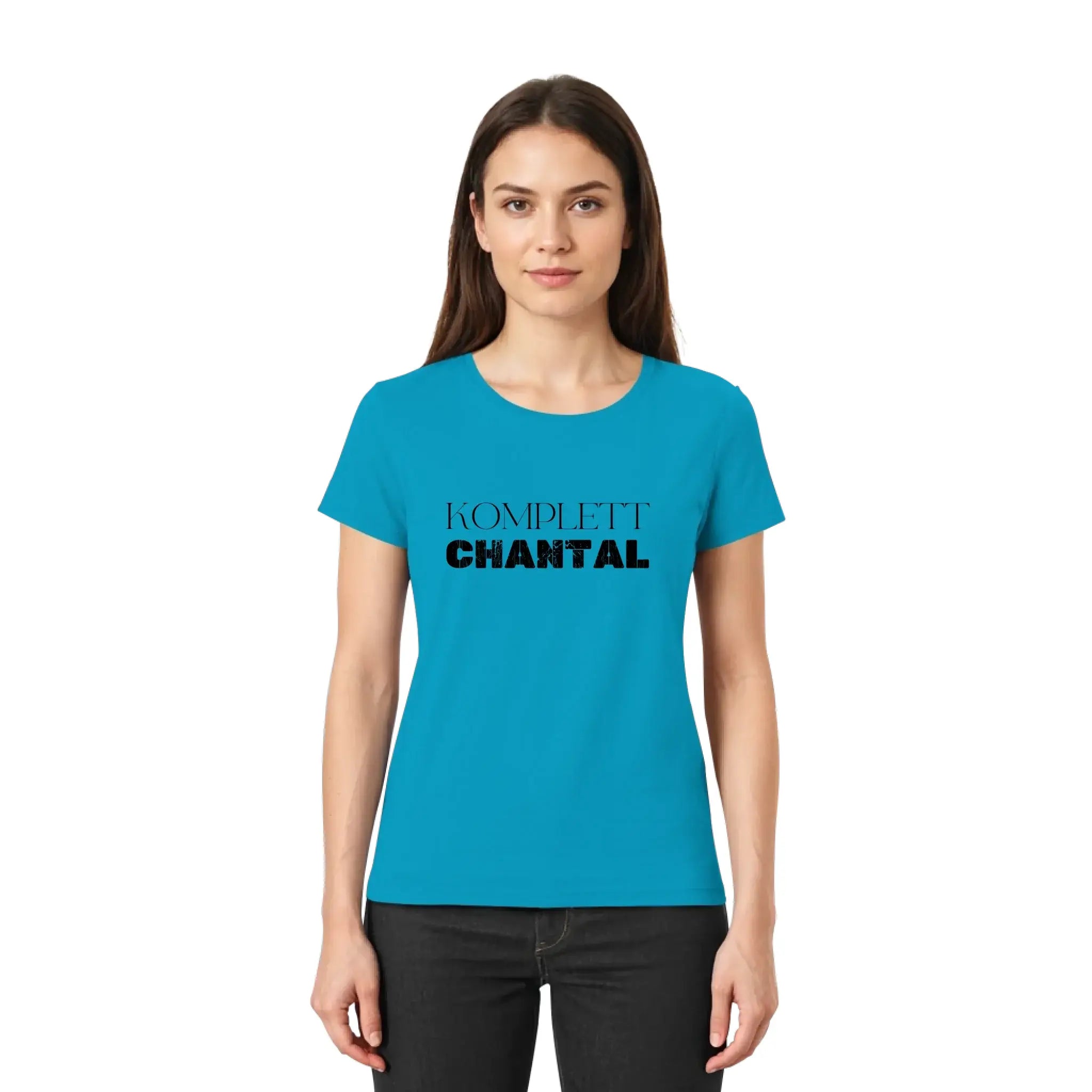 Tealfarbenes damen-t-shirt mit kurzen ärmeln und schwarzem schriftzug komplett chantal aus der statement-collection