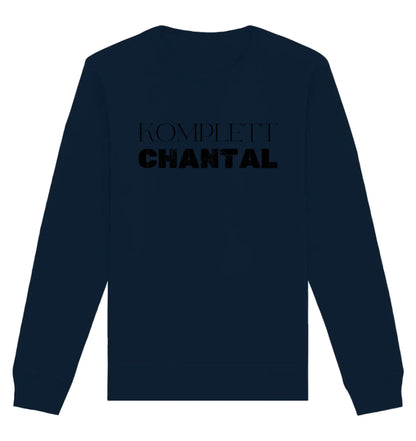 Dunkelnavy sweatshirt mit langen ärmeln und komplett chantal print in schwarzer schrift auf der rückseite