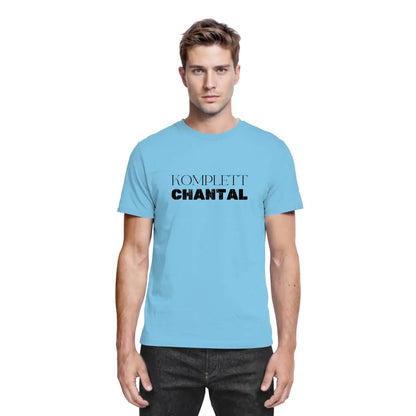 Hellblaues baumwoll t shirt mit schwarzem komplett chantal text aus der statement collection mit wunschtext