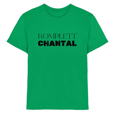 Leuchtendes grünes kurzarmshirt mit komplett chantal in fetten schwarzen buchstaben aus der statement-collection